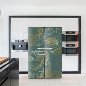  Self Adhesive Vinyl Refrigerator Wrap Set Green Golden Tropical  Leaves a Black Door Mural Removable Fridge Sticker Peel and Stick Full Door  Cover Decal Botanical Boho Kitchen Decor : Home 