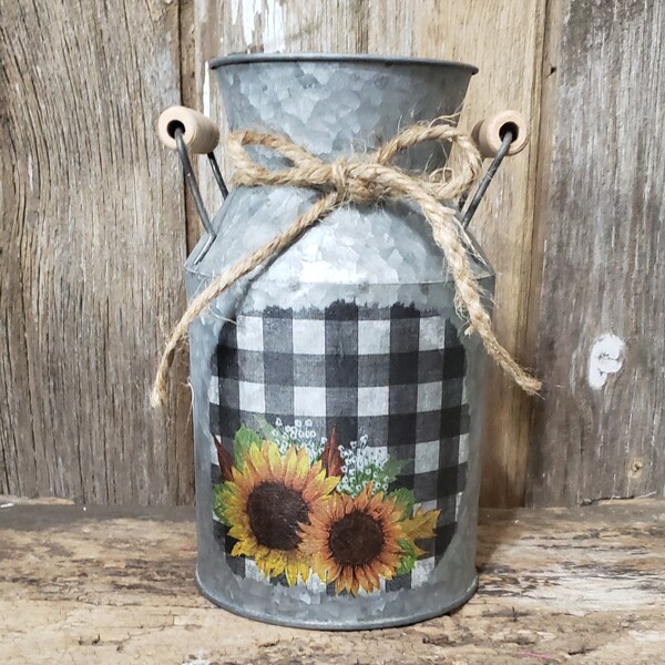 Farmhouse Sunflower Decor, Sunflower Decor, Sunflower Jug, Black & White Buffalo Plaid, Yellow Sunflower