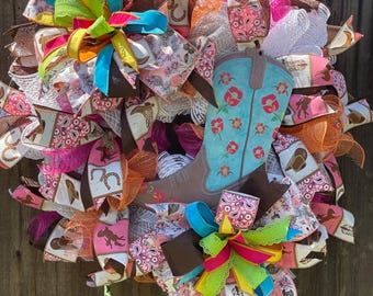 Cowgirl Wreath, Cowboy Wreath, Boot Wreath, Teal Wreath, Floral Wreath, Spring Wreath, Door Decor, Floral Wreath, Country Wreath