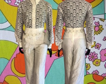 Vintage 1970s encaje blanco acampanado Capri pantalones