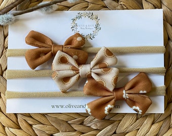 Khaki Brown Print Bow Small Neutral Bow Headband Set of three | Newborn headband, baby girl  bow headband, baby shower gift