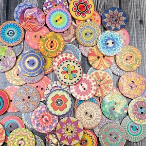 Wooden Boho, 2 hole Buttons,  Pack of 50 random colors, 25mm