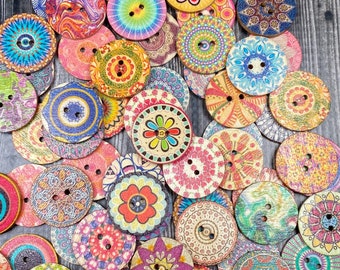 Wooden Boho, 2 hole Buttons,  Pack of 50 random colors, 25mm