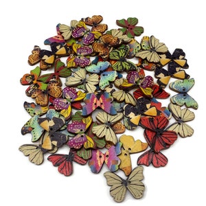 Wooden butterfly 2 hole Buttons,  Pack of 8, random colors
