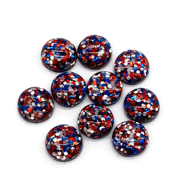 Red Blue and Silver  glitter Cabochon 12mm (10 pieces)