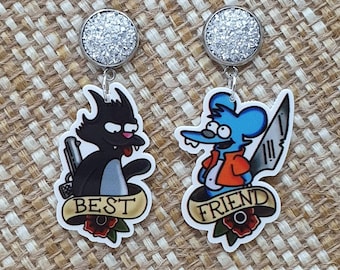 The Simpson's Inspired Itchy and Scratchy "Best Friend" Flat Backed Acrylic Earrings