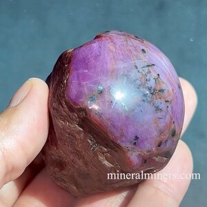 May include: A large, purple, rough-cut ruby with black inclusions. The ruby is held in a hand, and the background is a light blue.