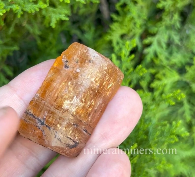 May include: A close-up of a golden-brown, translucent, faceted crystal with striations. The crystal is held in a hand against a green background.
