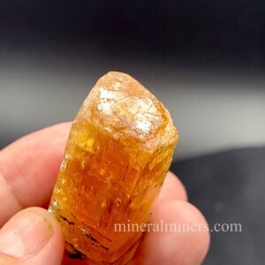 May include: A close-up of a golden-brown, faceted, crystal with a smooth, polished surface. The crystal is held in a hand, and the website "mineralminers.com" is visible in the lower right corner of the image.
