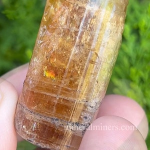 May include: A golden brown, faceted, and translucent crystal with striations and a slight iridescent sheen. The crystal is approximately 2 inches long and is held in a hand.