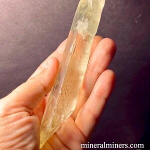 May include: A large, clear, yellow crystal with striations. The crystal is about 10 inches long and is held in a hand.