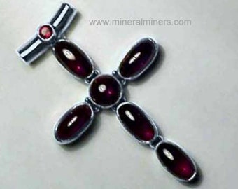 Almandine Garnet Silver Cross Necklace, Gemmy Red Garnet Cross in Sterling Silver, Almandine Gemstone Pendant, Red Garnet Cabochon Jewelry