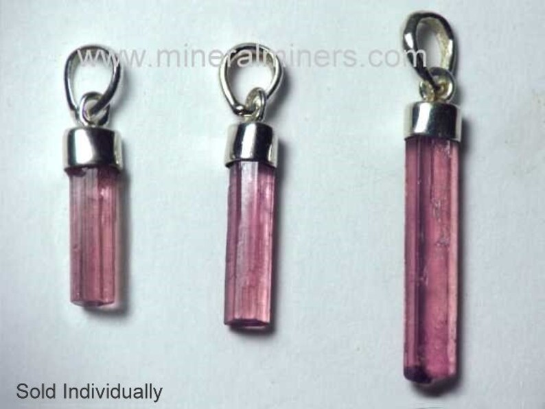 Pink Tourmaline Crystal Pendants in Sterling Silver, photo was taken inside under indirect lights. <<Sold Individually>>