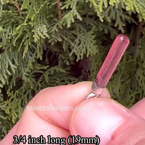 May include: A pink crystal point, approximately 3/4 inch long (19mm), held in a hand. The crystal is clear and has a slight pink hue.