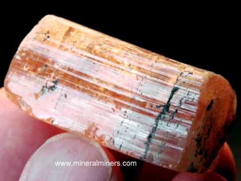 May include: A translucent, pink and orange, elongated, faceted crystal with black inclusions. The crystal has a striated surface and is approximately 3 inches long.