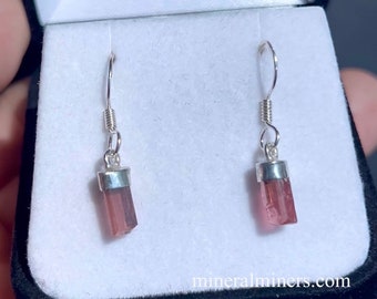 Pendientes de turmalina rosa en bruto, pendientes de plata 925 con turmalina rubelita rosa, pendientes de turmalina rosa, pendientes de turmalina rosa auténtica 925