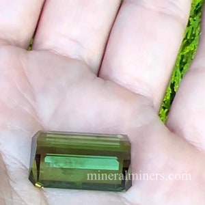 K&ouml;nnte beinhalten: Ein dunkelgr&uuml;ner, facettierter Edelstein mit rechteckiger Form. Der Edelstein wird in einer Hand gehalten, wobei die Website-Adresse mineralminers.com in der unteren rechten Ecke sichtbar ist.