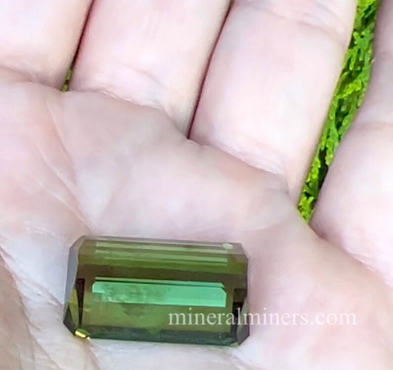 K&ouml;nnte beinhalten: Ein dunkelgr&uuml;ner, facettierter Edelstein mit rechteckiger Form. Der Edelstein wird in einer Hand gehalten, wobei die Website-Adresse mineralminers.com in der unteren rechten Ecke sichtbar ist.