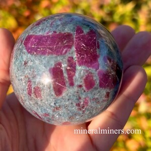 Op de afbeelding: Een gepolijste bol met een turquoise basis en magenta insluitsels. Het oppervlak reflecteert licht en de website mineralminers.com is onderaan zichtbaar. De bol wordt in een hand gehouden.