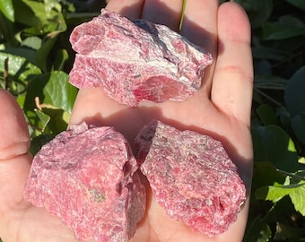 May include: Three raw, deep pink rhodonite mineral specimens with crystalline textures and irregular shapes. The text 2 INCHES SAMPLE /WWW.MINERALMINERS.COM OUTSIDE WITH DIRECT SUNLIGHT ON MINERALS is printed in white at the bottom of the image.