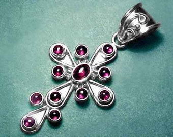 Purple Garnet Silver Cross Necklace, Gemmy Red Garnet Gem Cross in Sterling Silver, Almandine Gemstone Pendant, Red Garnet Cabochon Jewelry