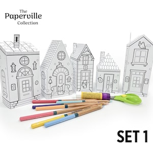 Casas de papel (Set 1), hojas de actividades imprimibles, kit de manualidades de papel, páginas para recortar y colorear, manualidades para niños