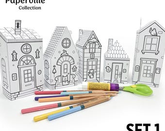 Kit imprimible para construir una casa de papel (Set 1) / Colorea, recorta y construye / Plantilla 3D para niños / Actividad para el aula y la educación en casa / PDF
