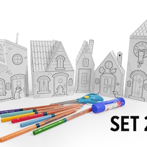 Paper Toy Houses Set 2, Printable Activity Sheets, Paper Craft Kit, Cut and Colouring Pages, Arts & Crafts Activity for Kids
