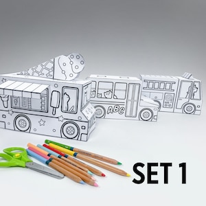 Set di macchinine di carta giocattolo 1, fogli di attività stampabili, kit di bricolage di carta, pagine da tagliare e colorare, PDF scaricabile immediatamente, attività di arti e mestieri per bambini