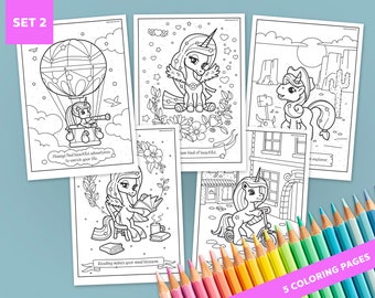 May include: Five black and white coloring pages featuring cute unicorn illustrations. Each page includes a motivational quote. The quotes are: "Always find beautiful adventures to enrich your life." "You are one kind of beautiful." "Reading makes your mind blossom."  "The world is your oyster." "Be an explorer."