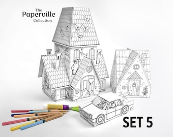 Utskrivbara pappershus och bilar, paket 5 | Färglägg, klipp och bygg | 3D-mall för barn | Klassrum och hemundervisning i PDF-format