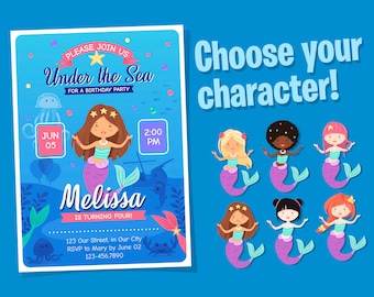 Mermaid Birthday Invitation, Under The Sea, Mermaid Invitation, Mermaid Template Download, Digital File, Printable, Custom,