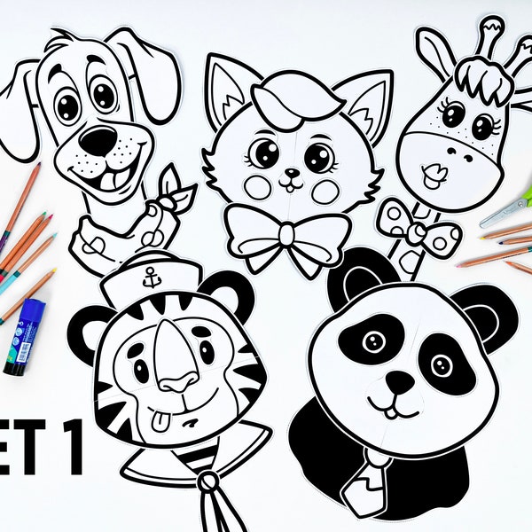 Paper Animals | Printable craft activity for kids | Digital download colouring and craft | Printable Paper Dog, Cat, Giraffe, Tiger, Panda