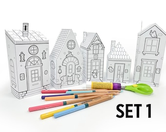 Paper Toy Houses Set 1, Printable Activity Sheets, Paper Craft Kit, Cut and Colouring Pages, Arts & Crafts Activity for Kids