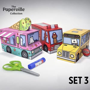 Hojas imprimibles de autos de papel para manualidades, kit de manualidades, páginas para cortar y ensamblar, descarga instantánea en PDF, actividad de manualidades para niños, educación en el hogar digital