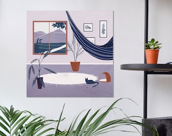 Cat Lovers Art Print, Cozy Room Wall Art,  Colorful Simple Poster, Minimalist Illustration, Modern Artwork, Apartment Wall Art Decorations