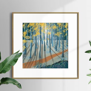 Stampa d'arte della foresta, illustrazione della natura minimalista, arte moderna originale, arte della parete dell'appartamento, piccolo poster colorato, regalo di biglietti d'auguri