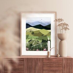 Ilustración de paisaje de primavera, impresión de arte moderno minimalista verde, arte de pared de apartamento, impresiones de arte pequeño, cartel de viaje, tarjetas de felicitación