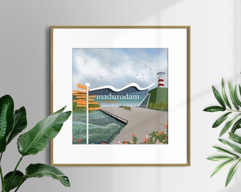 The Hague Art Print, Netherlands, Minimalist Architecture Illustration, Apartment Wall Art, Colorful Travel Poster, Dutch Card