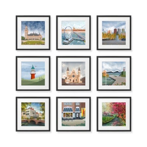 Den Haag Kunstdruck Souvenirs, Niederlande, minimalistische Illustrationen, urbane Grußkarten, bunte Reisedrucke, kleine Wandkunst