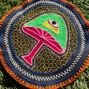 Shipibo 19cm Circular Altar Cloth,Ayahuasca 3rd Eye Tapestry, and Embroidered Manta Cloth,Shamanic Ceremony Textile, Mushroom Plant Medicine
