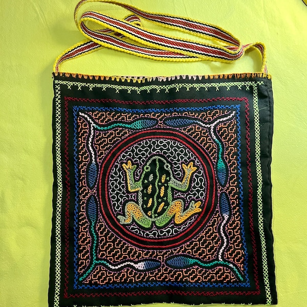 Shamanic Plant Medicine Bag,Shipibo Embroidered Ayahuasca Cross Body Bag,Over Shoulder Purse,Handmade Shipibo Icaro Bag,Embroidered Book Bag