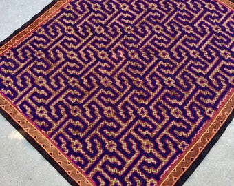 Shipibo Väggtapet 128 x 155 cm Altarduk, Ayahuasca Geometrisk Manta, Handmålad + Broderad Mantaduk, Jätte Brun Tapet