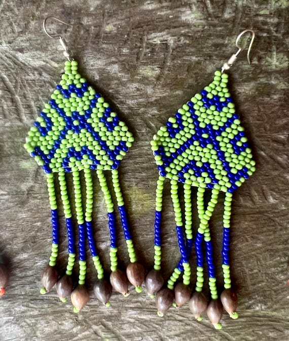 2 CHOICES:Shipibo Beaded Earrings, Shipibo Ayahuasca Pendants, Amazon Jungle Seed Tribal Jewelry, Handmade Ceremonial Jewelry, Iquitos Peru