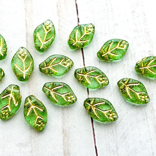 Czech Glass Leaf Beads Peridot Light Green 12x7mm Side Drilled Glass Leaves with Gold Inlay Floral Jewelry Beading Supplies 0EVE1180