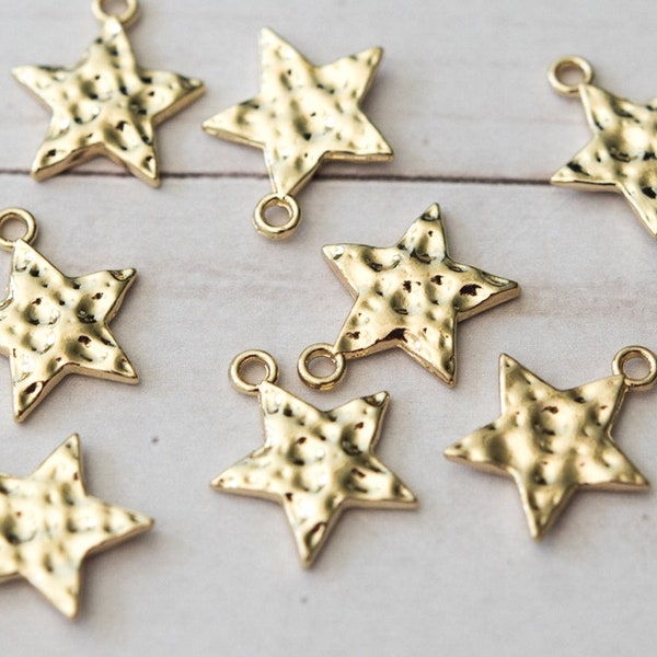 Gold Star Charms - Bulk Buy 40 or 10 Hammered Metal Gold Plated Charm Pendants - Lead and Nickel Free 00EVE479