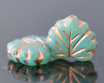 Maple Leaf Beads Mint Green Leaf Bead with Gold Inlay Czech Glass 10x13mm Center Drilled Floral Beads 0EVE1751