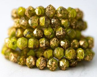 English Cut Beads Avocado Green with Gold Finish 8mm Czech Glass Beads with Gold Speckled Finish Pressed Glass - 20 Beads 0EVE1793