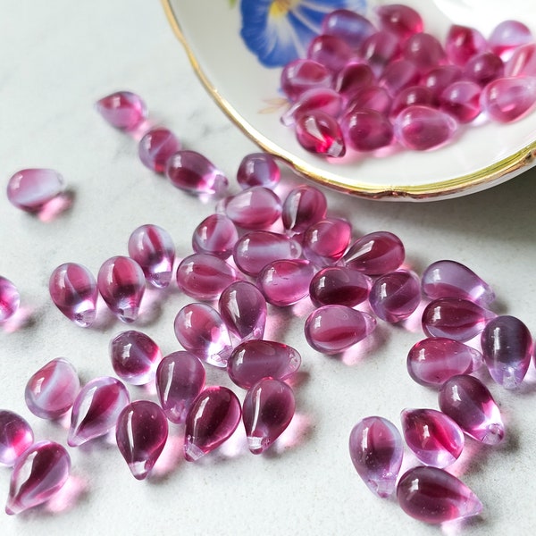 6x9mm Side Drilled Teardrops Lilac and Rosewater Czech Glass Smooth Pressed Glass Drop Bead 0EVE2717