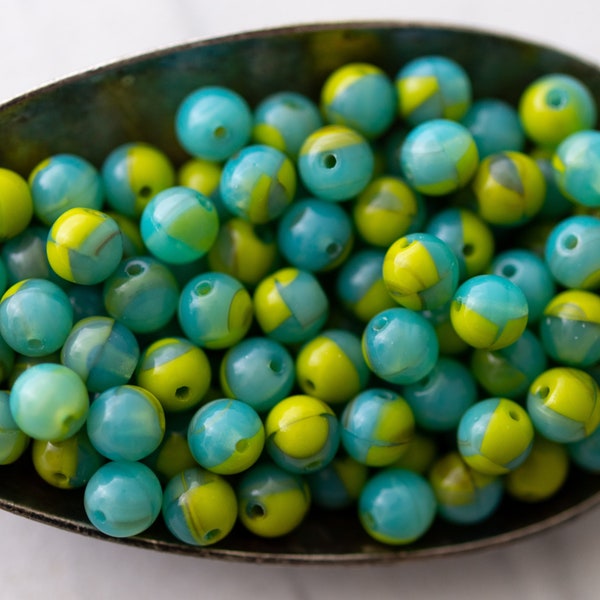 6mm Czech Glass Druk Beads Aqua Seafoam Green and Lime Green Round Glass Beads Jewelry Making Beading Supplies 0EVE2711